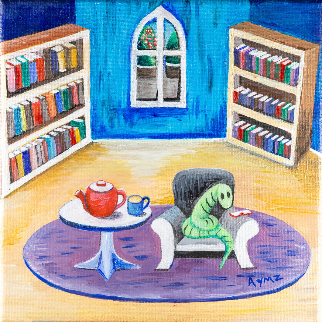 “The Bookworm visits the Library” framed print